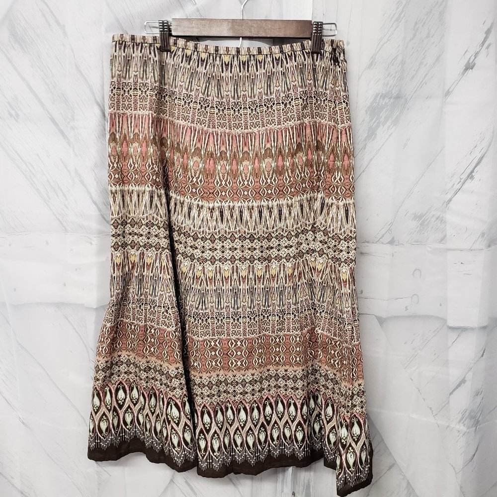 Liz Claiborne Pink & Brown Boho Tribal Floral Peasant Cotton Midi Skirt Size 6